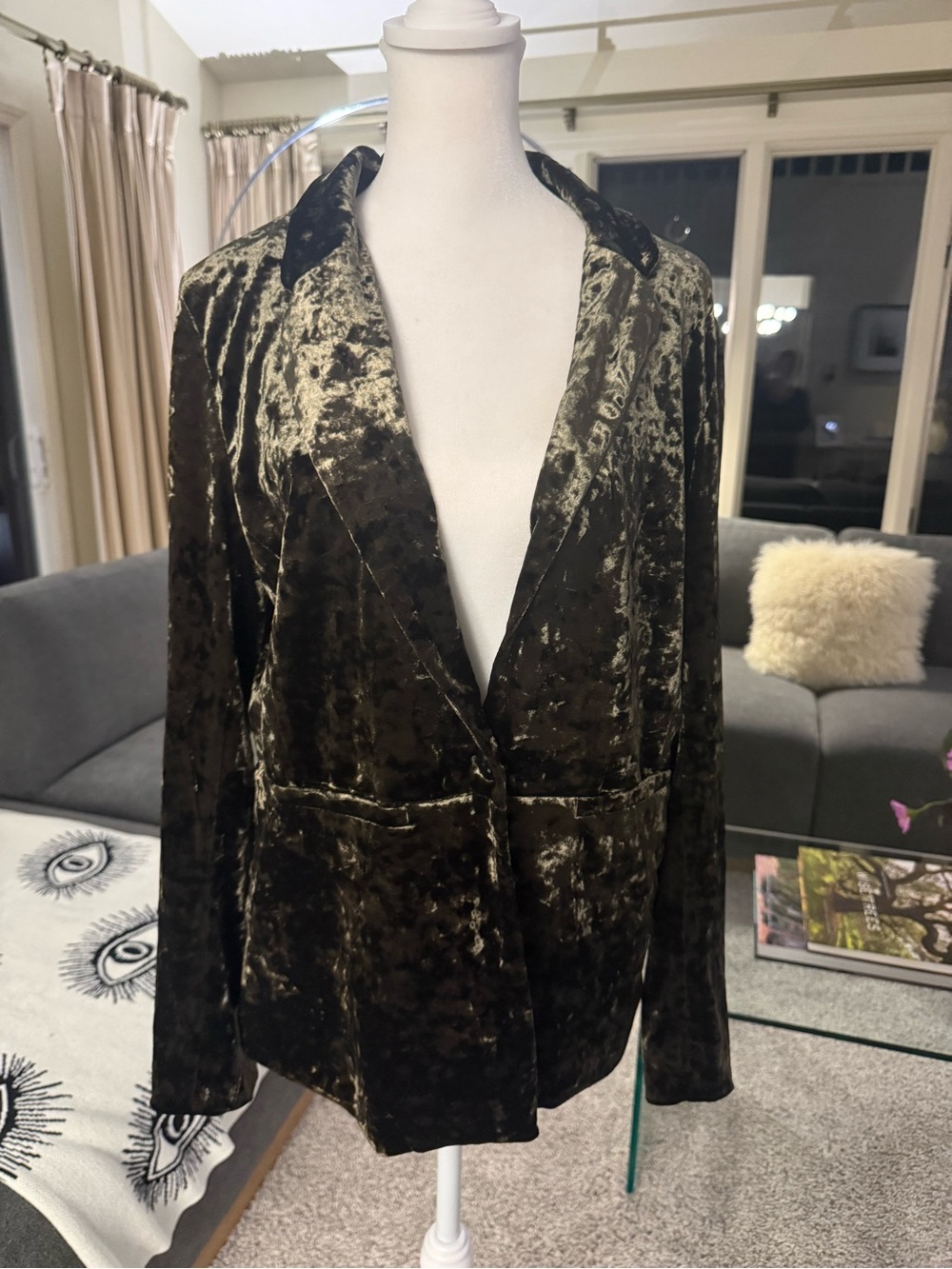 Anthropologie Crushed Iridescent Velvet Blazer in Olive